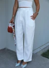 Fularlı Beyaz Bol Paça Keten Pantolon