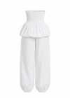 Beyaz Drape Detay Balon Bluz Pantolon Takım