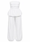 Beyaz Drape Detay Balon Bluz Pantolon Takım