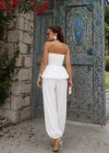 Beyaz Drape Detay Balon Bluz Pantolon Takım