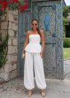 Beyaz Drape Detay Balon Bluz Pantolon Takım