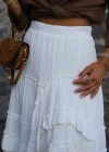 Beyaz Fırfırlı Volanlı Uzun Etek