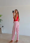 Beyaz Kırmızı Çizgili Jean Pantolon