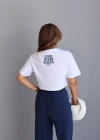 Beyaz Mickey Nakış Detay Crop Tshirt