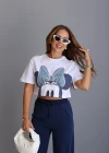 Beyaz Mickey Nakış Detay Crop Tshirt