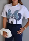 Beyaz Mickey Nakış Detay Crop Tshirt