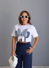 Beyaz Mickey Nakış Detay Crop Tshirt