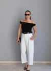Beyaz Pens Detay Kemerli Pantolon