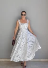 Beyaz Puantiyeli Maxi Elbise