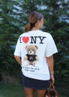 Beyaz Teddy Baskılı Oversıze Tshirt