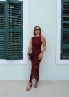 Bordo Drape Detay Yırtmaçlı Elbise