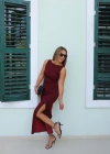 Bordo Drape Detay Yırtmaçlı Elbise