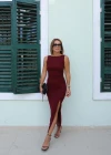 Bordo Drape Detay Yırtmaçlı Elbise
