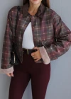 Burgundy Velvet Collar Detail Checkered Jacket