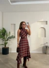Bordo Kemerli Ekose Elbise