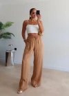 Camel Beli Lastikli Saten Pantolon