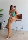 Camel Beli Lastikli Saten Pantolon