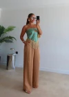 Camel Beli Lastikli Saten Pantolon