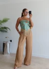 Camel Beli Lastikli Saten Pantolon