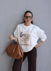 Ekru Baskılı Bisiklet Yaka Sweatshirt
