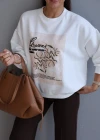 Ekru Baskılı Bisiklet Yaka Sweatshirt