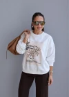 Ekru Baskılı Bisiklet Yaka Sweatshirt