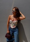 Ekru Çiçek Desen Korse Bluz