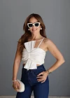 Ekru Fiyonk Detay Crop Bluz