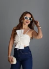 Ekru Fiyonk Detay Crop Bluz