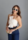 Ekru Fiyonk Detay Crop Bluz