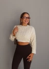 Ekru Örgü Desen Crop Triko