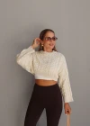 Ekru Örgü Desen Crop Triko