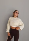 Ekru Örgü Desen Crop Triko