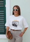 Ekru Oversize Baskı Detay Tshirt