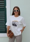 Ekru Oversize Baskı Detay Tshirt