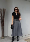 Gri Kemer Detay Pileli Etek