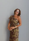 HAKİ Tek Omuz Drape Detay Desenli Elbise