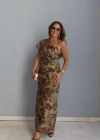 HAKİ Tek Omuz Drape Detay Desenli Elbise