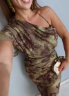 HAKİ Tek Omuz Drape Detay Desenli Elbise
