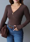 COFFEE V-Neck Buckle Detail Blouse