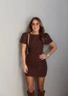 Kahverengi Balon Kol Mini Elbise