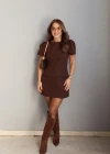 Kahverengi Balon Kol Mini Elbise