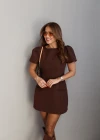 Kahverengi Balon Kol Mini Elbise