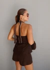 Kahverengi Biyeli Bluz Şort Takım