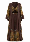 Kahverengi Desenli Üçlü Kimono Takım