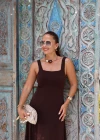 Kahverengi Kare Yaka Maxi Elbise