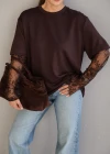 Kahverengi Kol Dantel Detay Tshirt