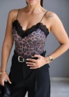 Kahverengi Leopar Dantel Detay Bluz