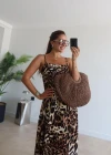 Kahverengi Leopar Desen Maxi Elbise