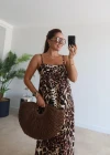 Kahverengi Leopar Desen Maxi Elbise